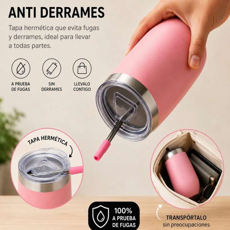 Termo 16oz(480ml) Acero Inoxidable, Antifugas, Incluye Popotes, Cepillo y Esponja, Vaso Termico Para Cerveza, Te Helado, Cafe, Chocolate, Termo Para Bebidas Calientes y Frias - Gris - Añade 3