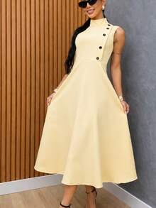Elegant Sleeveless High Neck Midi Dress For Women, Side Button Detail, Chic Casual And Party Tailored Dress - amarelo bebe - 查看 5