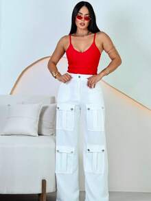 Calça Cargo Feminina Wide Leg - Branco - Visão 5