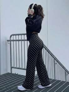 Women's Polka Dot High Waist Flare Yoga Pants, Tummy Control Butt Lifting High Elastic Breathable Soft Lightweight Fitness Casual Long Pants - Black and White - View 5
