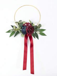 1Pc Gold Hoop Wedding Bouquet With Artificial Roses&Eucalyptus, Satin Ribbon Lace, Bridesmaid Circle Flower Hoop For Wedding Ceremony Photo Prop - Multicolor - View 11
