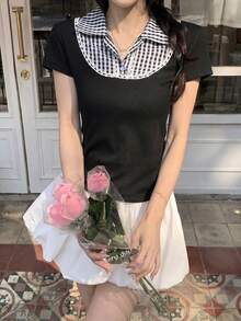 Kaos Wanita Lengan Pendek Kasual Serbaguna Motif Kotak-kotak Patchwork Warna Blok untuk Sehari-hari, Warna Hitam, Cocok untuk Musim Panas - Hitam - View 2