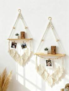 1 pieza/2 piezas Estantería colgante de pared tejida a mano con diseño de hoja, estante flotante de almacenamiento de madera estilo bohemio, adecuado para baño, dormitorio, sala de estar, clips no incluidos - Multicolor - Ver 11