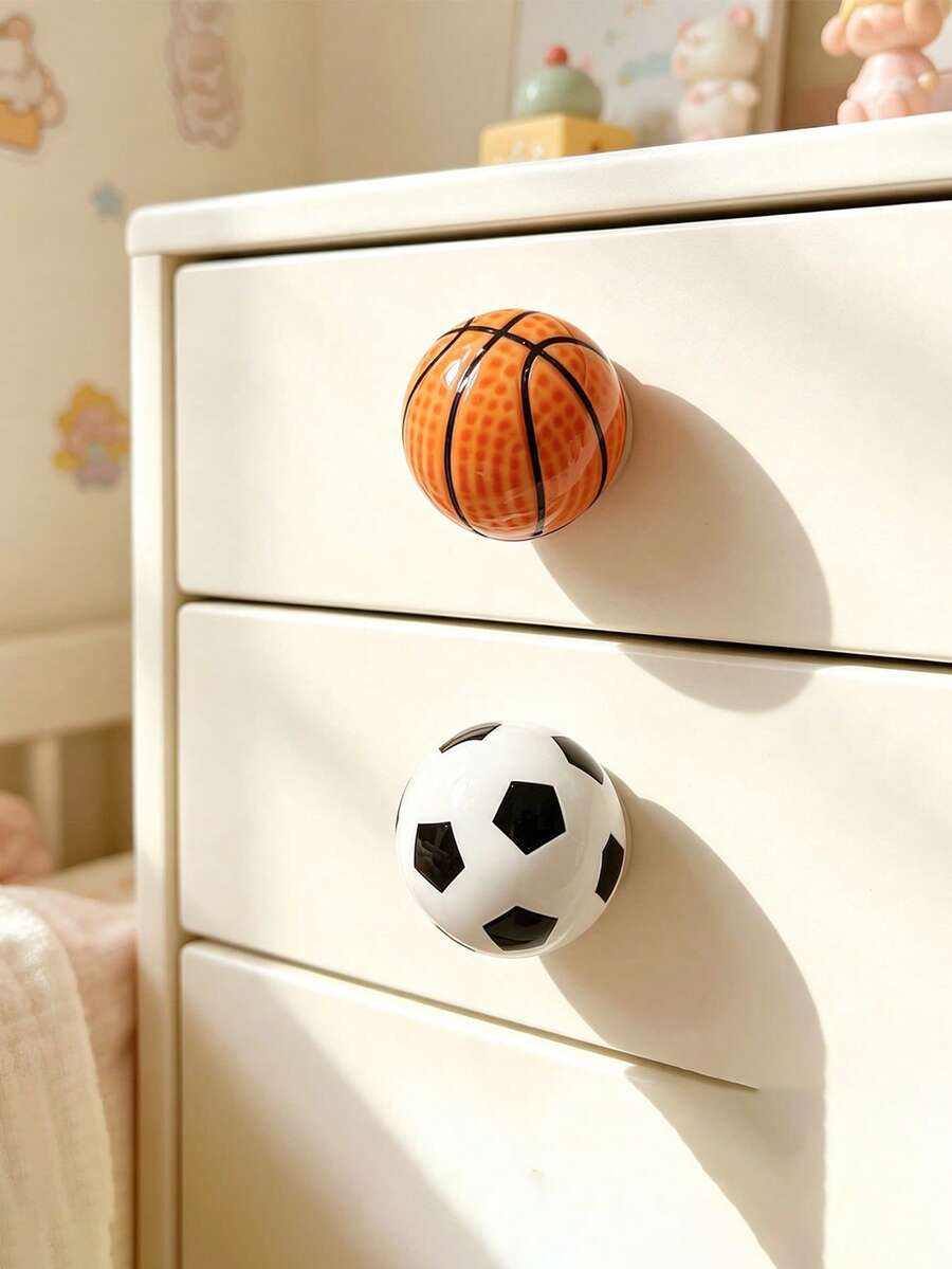 Basketball Soccer Cartoon Drawer Pulls, Baby Children's Room Wardrobe Drawer Ceramic Handles, Single Hole With Screws - Multicolor - View 1