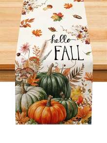 1件秋季桌旗，印有「Hello Fall」標語，多彩南瓜、紅蘑菇、楓葉與乾花圖案，適合農舍風餐桌、餐廳與廚房裝飾 - 彩色 - 查看 2