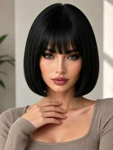 12 Inch Black Bangs Women's Wig, Elegant And Versatile, Natural Style, Suitable For Various Parties And Ball Gowns - Black Bangs - View 1