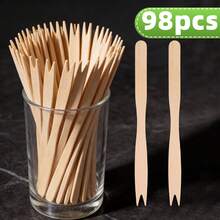 98pcs Disposable Wooden Fruit Forks, Mini (8.5cm/3.34inch) And Regular (14cm/5.51inch) Sizes Available, Appetizer Dessert Cocktail Tasting Forks, Natural Wood Color Party Wedding Afternoon Tea Wooden Forks - Natural Wood Color - View 6