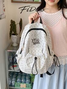 1PC Fashion Minimalist Polka Dot Drawstring Backpack, Letter Embroidery Accents, Soft Fabric Lightweight Shoulder-Friendly, Dual Side Drawstring Pocket Design, Ample Layered Storage Space, Korean Style Girly Vibe Classic Backpack, Versatile Practical Women's Bag For School, Travel, Commute - Multicolor - View 9