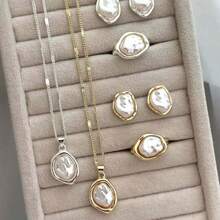 4pcs/Set Fashion Elegant Rayqueen Asymmetrical Baroque Pearl Earrings, Ring, Pendant Necklace Jewelry Set, Suitable For Daily Wear And Parties - Silver - View 7