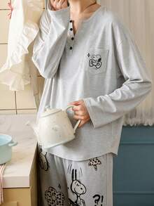 Gongdie 2 Pieces Snoopy Women Pajama Set,Fall Gray Soft Cotton Loungewear With Henley Neckline And Doodle Cartoon Print - Light Grey - View 4