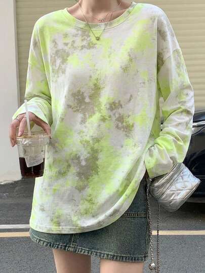 JUTUQU Spring/Autumn Women's Round Neck Long Sleeve Pure Cotton Tie-Dye All-Over Print Fluorescent Yellow T-Shirt, Romantic Elegant Versatile Top For Outings, Holidays And Vacations