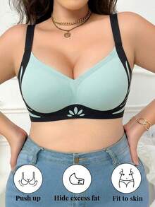 1pc Seamless Colorblock Lift-Up Plus Size Wire-Free Push-Up Anti-Sagging Side-Smoothing Bra, European And American Style - Green - View 3