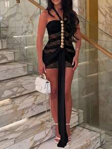 DOUCIU Sheer Mesh Halter Neck Backless Sexy Dress, Nightclub Style - Black - View 5