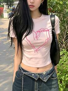女款圓領短袖T恤，夏季新款愛心圖案與字母印花，時尚休閒百搭修身短版上衣，粉紅色 - 粉色 - 查看 8
