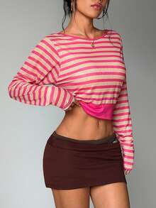 Women's Striped Colorblock Boat Neck Casual Versatile Daily Commute Sports Long Sleeve Cropped Top Pink - Pink - View 6