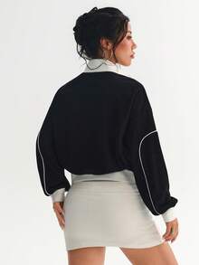 Women's Black Half-Zip Fleece Pullover Jacket, White Trim Sporty Windbreaker - Black - View 2