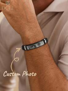 1pc Customized Engraved Genuine Leather Bracelet, Christmas Gift, Suitable For Boyfriend/Friend/Father, Can Personalize With Eye Photo, Fashionable And Durable, Gift For Men - Black Bracelet - View 5