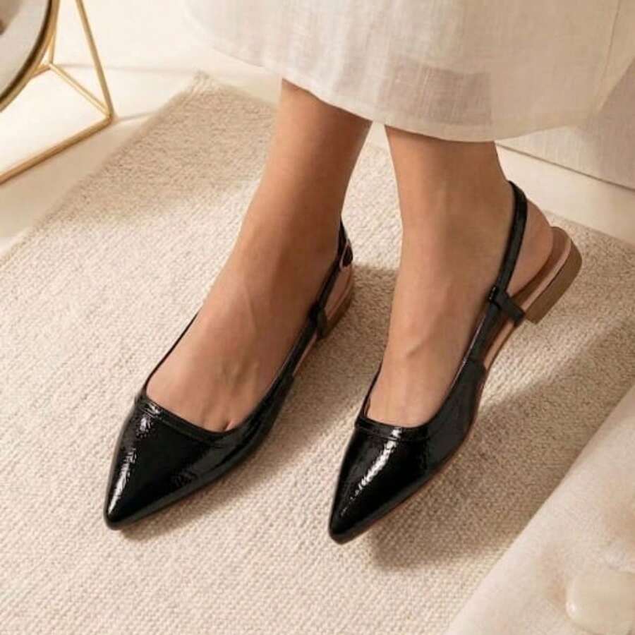 Women's Pointed Toe Mule Flat Sandal Open Back Slingback Smooth Comfortable Soft Sole - 黑色清漆 - 查看 1