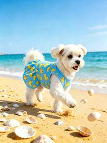1pc Breathable Little Yellow Duck Print Pet Dog Tank Top Slip-On Dress, Elastic Ruffle Hem Small Dog Maltese Summer Beach Dress, Summer Breathable Sleeveless Casual Cute Sport Vacation Dress - Baby Blue - View 1