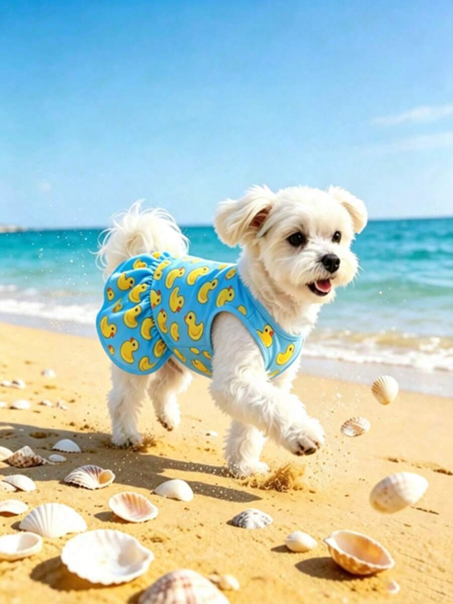 1pc Breathable Little Yellow Duck Print Pet Dog Tank Top Slip-On Dress, Elastic Ruffle Hem Small Dog Maltese Summer Beach Dress, Summer Breathable Sleeveless Casual Cute Sport Vacation Dress - Baby Blue - View 1