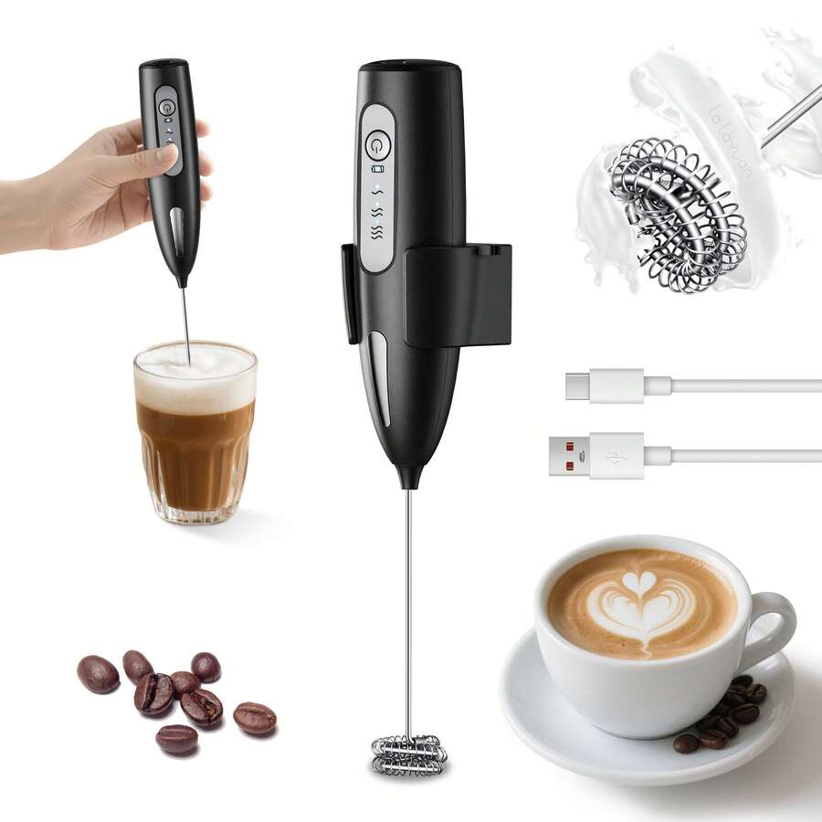 Lalayuan 1pc Mini Portable USB Rechargeable 3-Speed Handheld Milk Frother, Includes Charging Cable - View 1