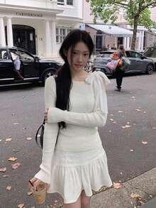 YCYC Autumn/Winter Fashion Elegant Open Shoulder Solid Color Long Sleeve Pullover Top - White - View 1