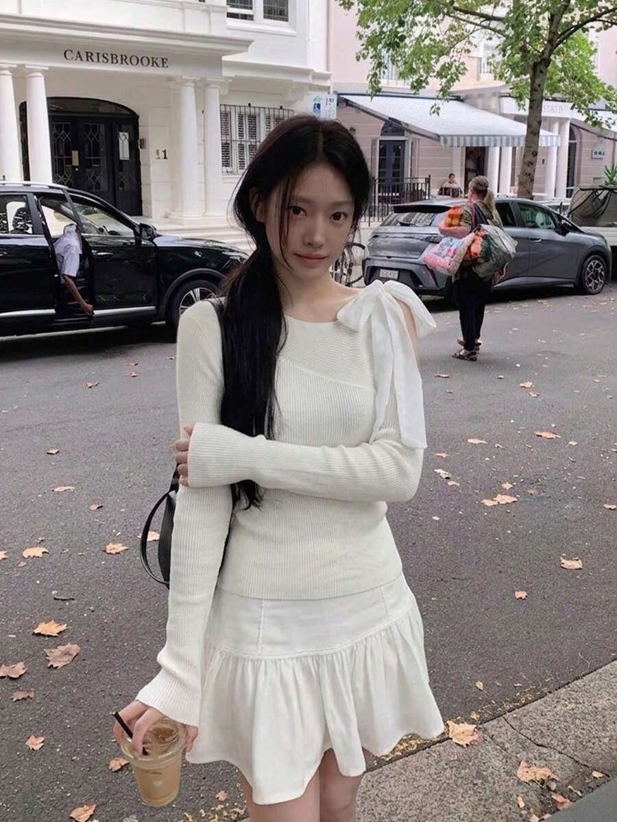 YCYC Autumn/Winter Fashion Elegant Open Shoulder Solid Color Long Sleeve Pullover Top - White - View 1