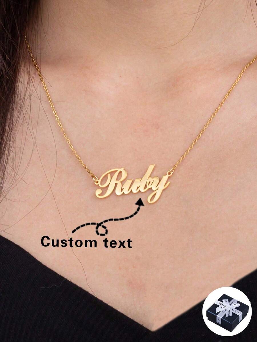 1pc Stainless Steel Personalized Name Necklace, Non-Fading Gold Color Customized Jewelry Gift, Nameplate Pendant For Girlfriend And Mom - Gold - View 1