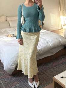 Women's Ribbed Knit Ruffle Trim Top, Square Neck Ruffle Hem Long Sleeve Sweater, With Ruffle Details, Slim Fit Cropped Length For Height Proportion, Suitable For Commute, Date, Daily Wear, Street, Coffee Shop Date, Inner Layer, Autumn/Winter Single Wear Base Layer - Mint Blue - View 7