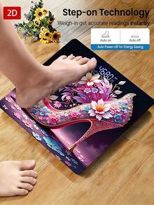 1pc Electronic Weighing Scale LED Digital Display - High Heel Shoes With Floral Decoration On Purple Background, Uses AAA Batteries (Batteries Not Included), Tempered Glass Surface, Temperature Detection - Multicolor - View 2