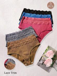 5pcs Women's Comfortable Pure Cotton Fabric Patchwork Sexy Lace Trim Elegant High Waist Triangle Panties - Multicolor - View 3