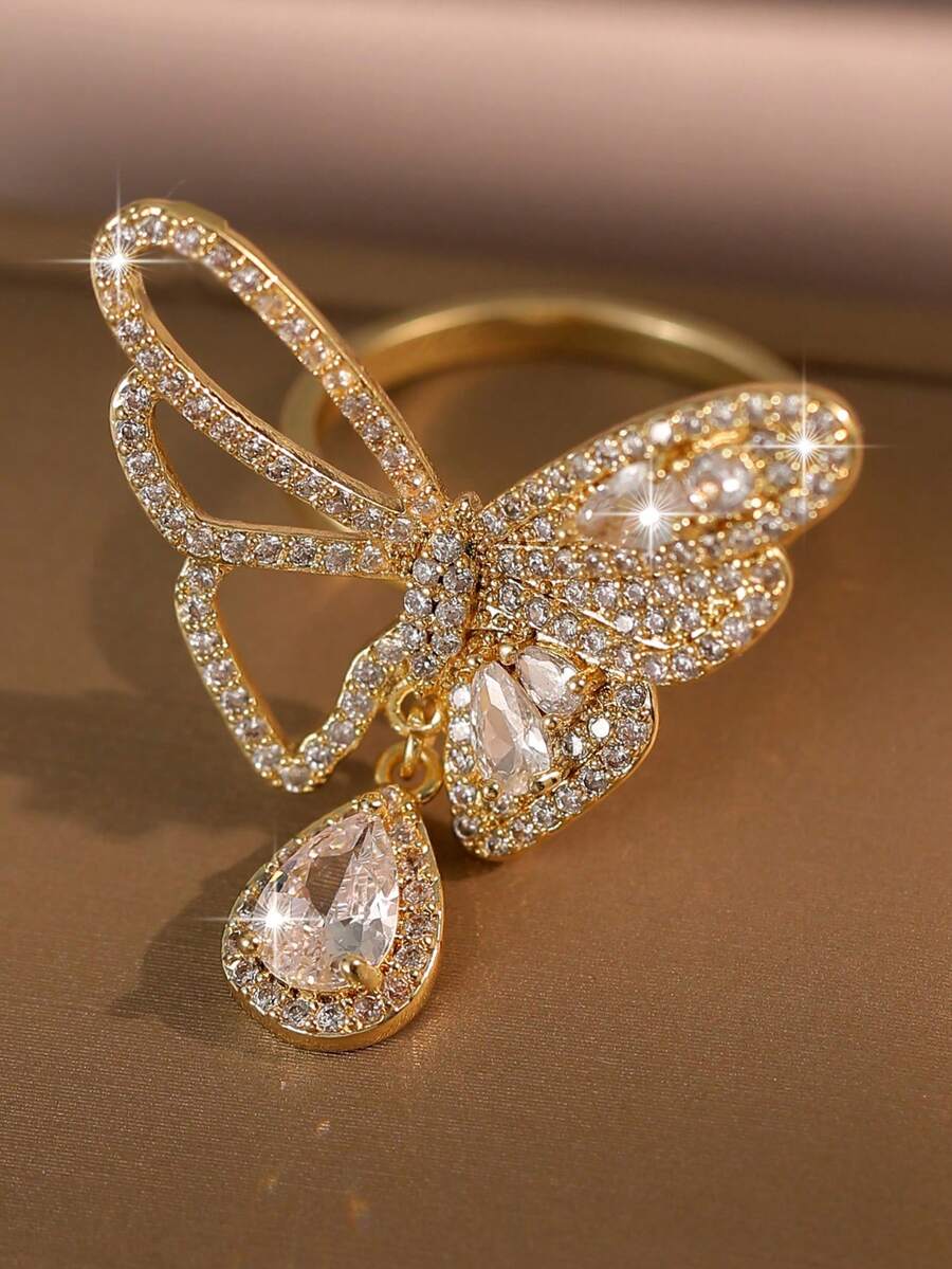 1pc Exquisite Butterfly Type Water Droplet Openable Dangle Rings Creative Cubic Zirconia Women Ring For Engagement Birthday Party Copper Gift Jewelry - Butterfly - View 1