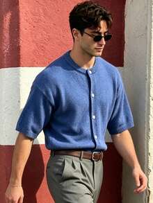 Lookun Men's Knitted Cardigan Round Neck Short Sleeve Vintage Casual Open Front Knit Jacket Spring Summer - Blue - View 3