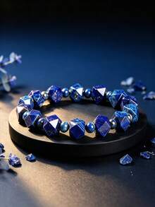 1pc Natural Lapis Lazuli Faceted Stone Beaded Bracelet, Unisex Geometric Healing Crystal Energy Elastic Bracelet - Blue - View 5