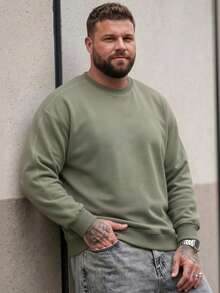 Spring/Autumn Plus Size Men's Solid Color Crew Neck Sweatshirt, Contrast Stitch Raglan Sleeve Loose Casual Basic Long Sleeve Top - Green - View 3