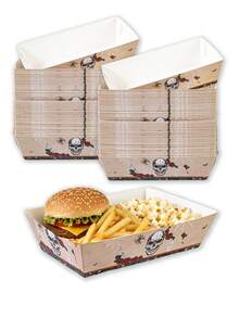 20/24/30/50/100PCS Halloween Paper Food Trays,Disposable Snack Boxes With Gothic Skull, Red Roses,Spiders And Spider Web Print On Beige, Serving Trays For Popcorn,Candy, Fries,Nachos,Hot Dogs,Cookies,Desserts, Gothic Tablescapes And Halloween Buffets - Multicolor - View 1