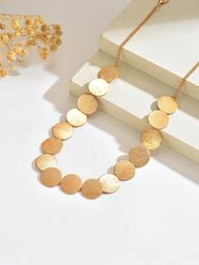 1pc Fashion Minimalist Metal Texture Geometric Disc Patchwork Necklace, Simple Versatile Design With Textured Disc Loop Patchwork Choker, Suitable For Women's Daily, Vacation, And Party Wear - Gold - View 6