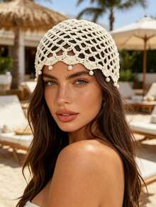 1pc Vintage Bohemian Crochet Hair Hat With Pearl Pendant, Hollow Mesh Beach Vacation Hat - B - View 1