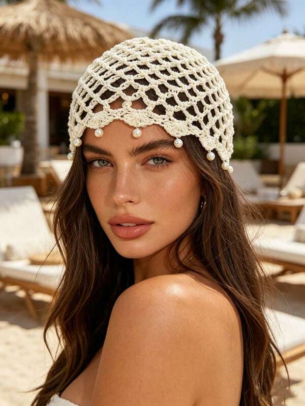 1pc Vintage Bohemian Crochet Hair Hat With Pearl Pendant, Hollow Mesh Beach Vacation Hat