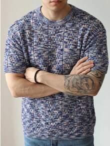 Men's Unisex Round Neck Pullover Knit T-Shirt, Hollow Out Semi-Sheer Loose Short Sleeve Knit Top, Casual Commute, Spring/Summer - Blue - View 2