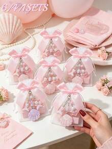 6/4/1 Set - Pink Sequin Shell Style Keychain With Pink Butterfly Organza Bag Gift Set - DIY Fillable Gift Bag, Gift Packaging Bag, Thank You Gift, Suitable For Gender Reveal Party Gift, Baby Shower Party Gift, Baby Party Theme, Children's Birthday Gift, Ocean Theme Party Gift, Guest Return Gift, Ideal Choice For Party Supplies And Decorations - Multicolor - View 2