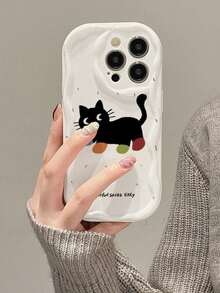 1 buah Casing Ponsel Motif Kucing Hitam dengan Pinggiran Krem dan Motif Kaos Kaki Warna-warni, Cocok untuk 17 16 15 14 13 12 11 Pro Max, Pelindung Ponsel Transparan Tahan Air, Tahan Guncangan, dan Tahan Gores - MultiWarna - View 1