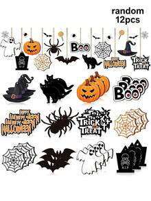 12 Stücke Halloween Holz Hohlbaum Hängedekorationen, Trick Or Treat Partyzubehör, klassische Farbgebung Halloween Hängedekoration, beleuchtet Heimdekoration, süße und schöne Schriftart, perfektes Geschenk der Liebe und des Segens für die Familie - A - Übersicht 6