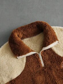 Brown & Beige Colorblock Half-Zip Lambswool Jacket, Vintage Embroidered Stand Collar Loose Fit Maillard Autumn/Winter Fuzzy - Khaki - View 5