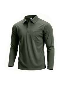 Men's High-Quality Long Sleeve Polo Shirt, Casual Solid Color Versatile, Spring Autumn Winter - Green - View 2