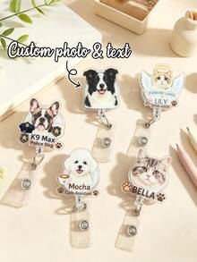 1pc Custom Photo Pet Badge Reel, Personalized Dog Cat Portrait Retractable ID Badge Holder, Pet Name Badge Clip, Custom Pet Photo Nurse Worker ID Badge Reel - Multicolor - View 1