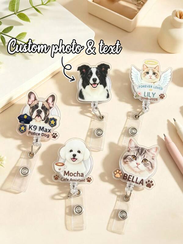 1pc Custom Photo Pet Badge Reel, Personalized Dog Cat Portrait Retractable ID Badge Holder, Pet Name Badge Clip, Custom Pet Photo Nurse Worker ID Badge Reel