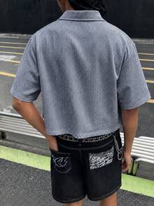 男士夏季休閒純色印花短袖襯衫，度假海灘熱帶風襯衫，日常穿著，法式優雅浪漫，父親節禮物 - 藏蓝色 - 查看 5