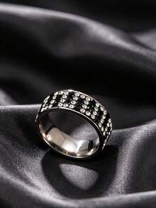 1pc Stainless Steel Wide Ring Black & White Alternating Full Zirconia Element Daily Party Outfit Couple Accessory - 1-piece Full Diamond Ring - View 8