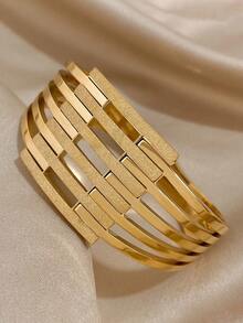 Geometric Hollow Horizontal Strip Matte Gold Stainless Steel Bracelet, Multi-Layer Stackable Wide Cuff, Commuter Luxury Chic Exquisite Hypoallergenic Fade-Resistant Hand Jewelry - Gold - View 5